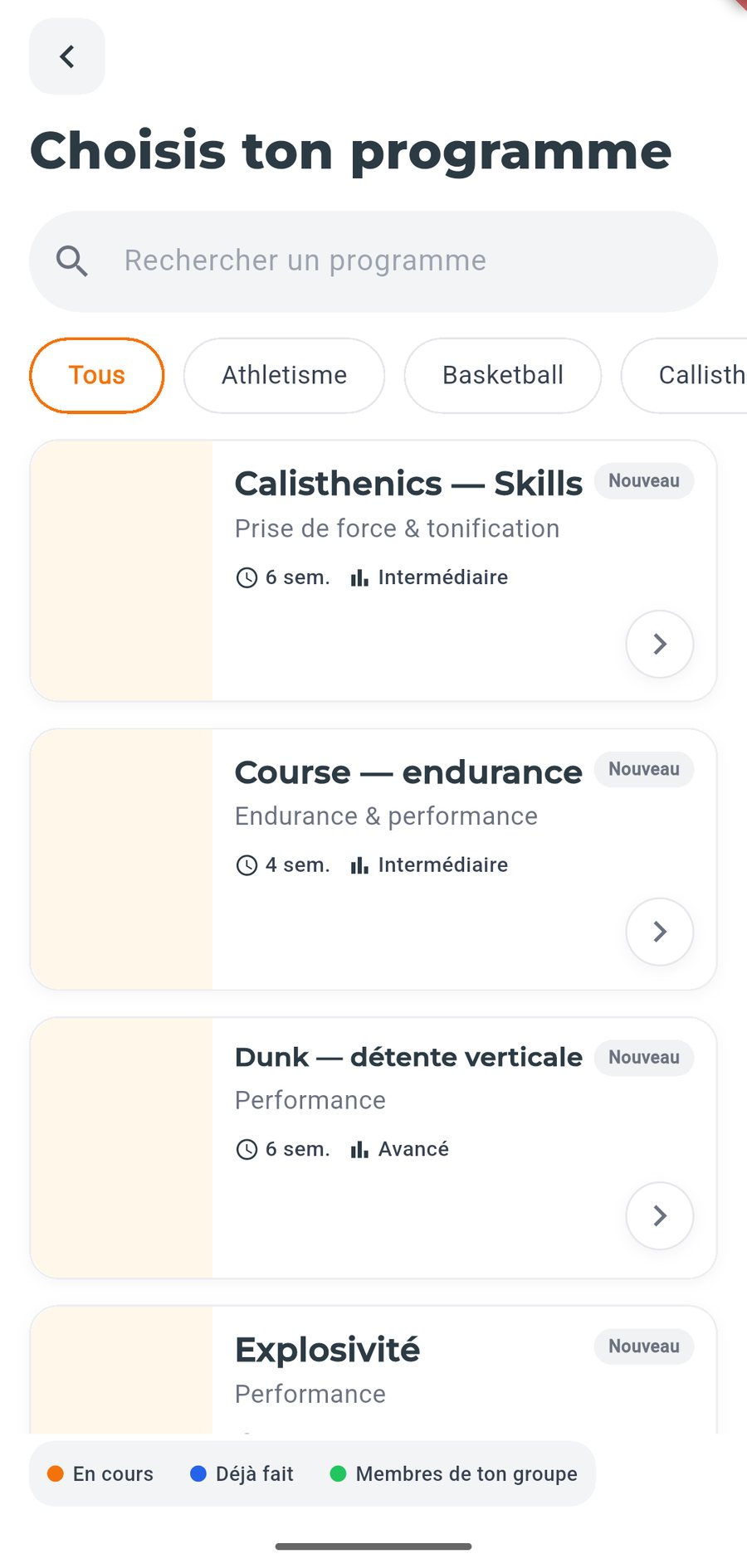 Écran « Choisis ton programme » de Tribos : la recherche, les filtres par discipline et les programmes Calisthenics, Course et Détente verticale