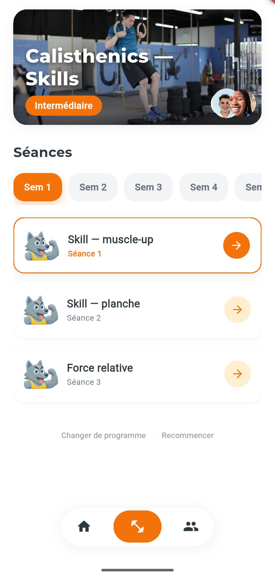 Le programme Calisthenics Skills dans Tribos : la photo du programme, les semaines et les trois séances de la semaine 1