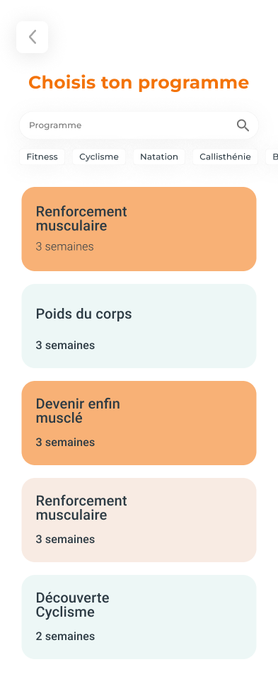 Écran Choisis ton programme dans Tribos, avec les programmes classés par discipline