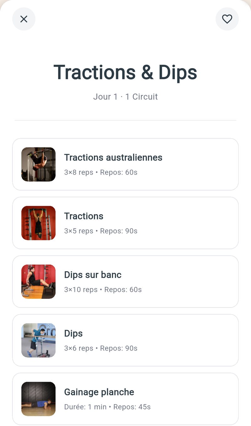 Écran de séance Tribos avec les exercices Tractions australiennes, Tractions, Dips sur banc et Gainage planche, chacun avec ses séries et son temps de repos