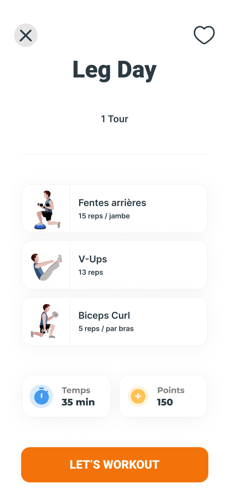 Aperçu d’une séance Tribos nommée Leg Day, avec la liste des exercices, la durée et les points