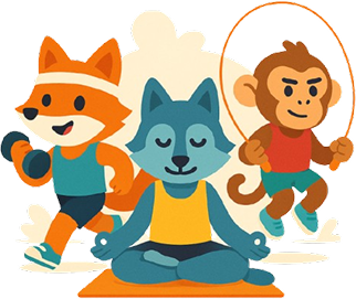 Illustration des mascottes Tribos en séance, l’une en yoga, l’une à la corde à sauter, l’une en course