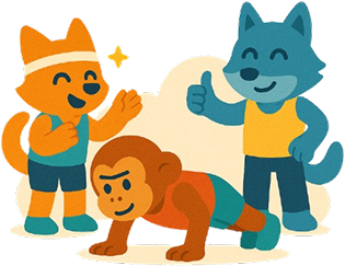 Illustration des mascottes Tribos, un renard, un loup et un singe, en train de s’échauffer ensemble